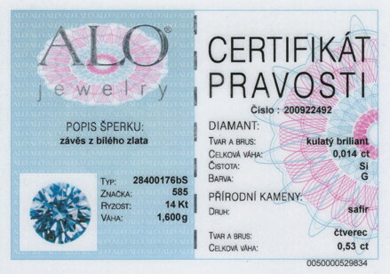 Prívesok ALO z bieleho zlata so zafírom 28400176bS
