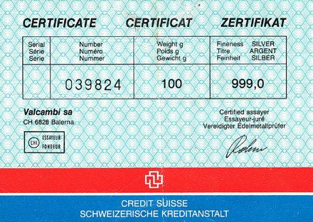 Strieborná tehlička Credit Suiss 100g