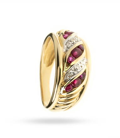 Prsteň zo žltého zlata s briliantmi a rubínmi 335082zR